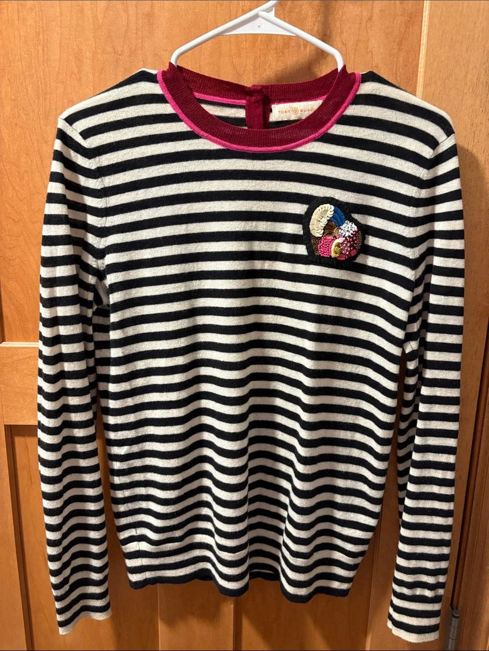 Striped Black & White Sweater with Pink Trim Tory Burch